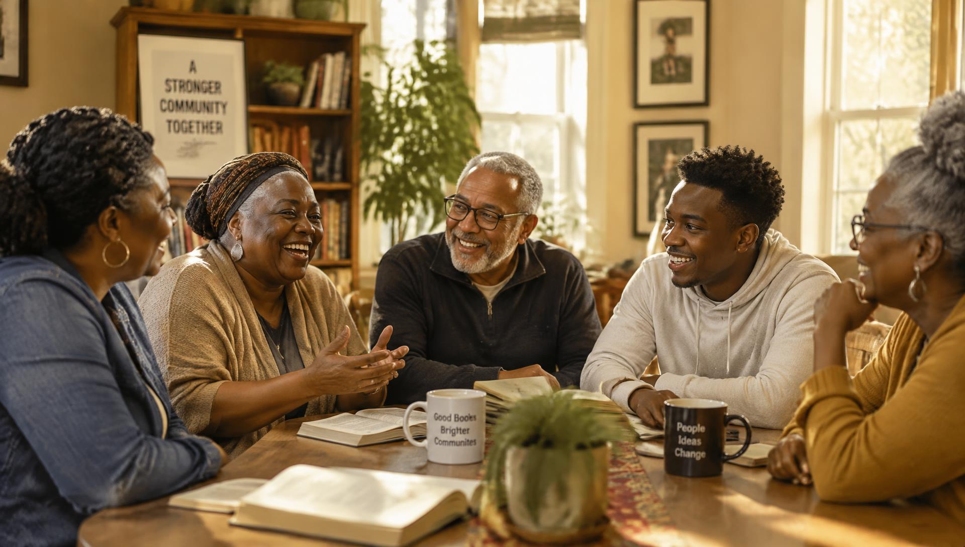 A diverse group of adults of different ages laughing together around a table with books and coffee